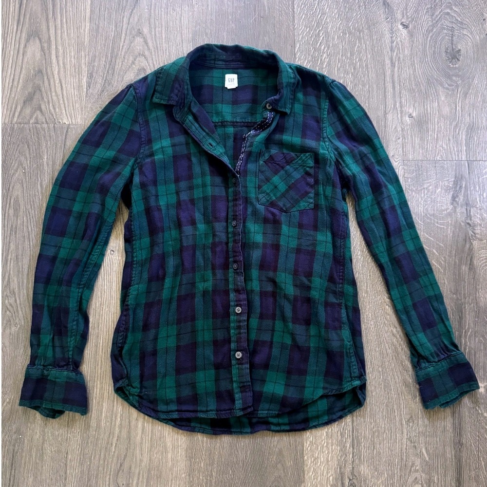 Gap Drapey Plaid Flannel Shirt S Green Navy Blackwatch Cotton Blend Excellent